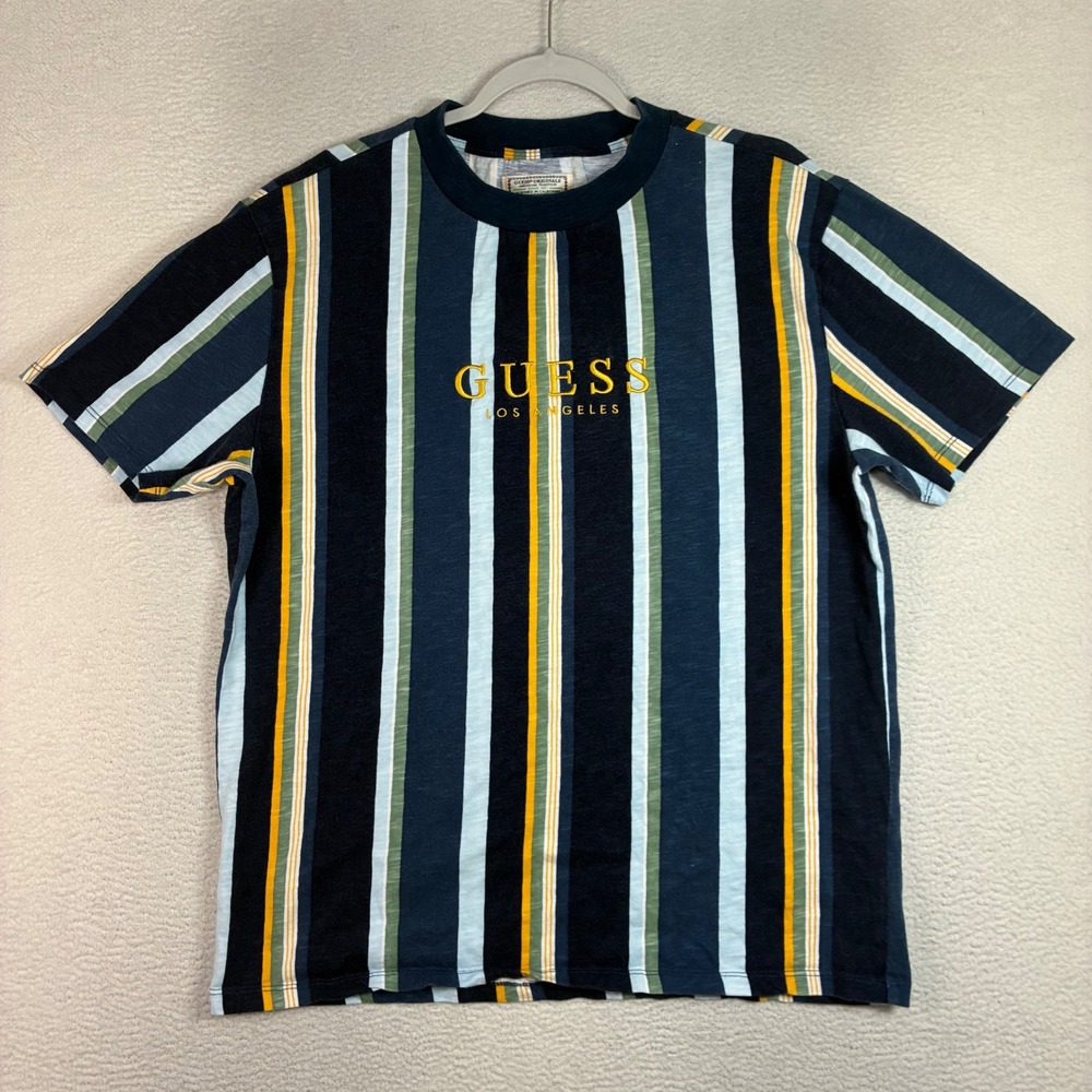 Guess Originals T Shirt Men M Blue Striped Crewneck Retro Spellout Streetwear